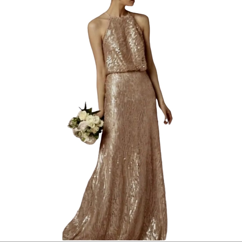 New Donna Morgan x BHLDN Alana 0, 4 & 10 Gold Sequin Maxi Gown